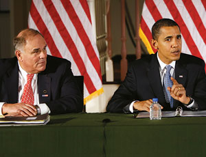 Rendell (L) leads governors’ push for funding.