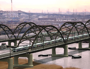 New Jersey is applying for $38.5 million in design funds to replace aging Portal Bridge (above) over Hackensack River with new, twin-span $1.3-billion crossing (below).