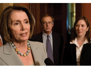 Searching Pelosi convened four-hour meeting on job-creating ideas, with economists such as Sinai, center, and Boushey, right.