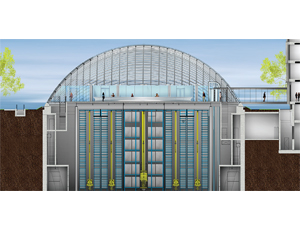 Retrieval equipment sits in a 50-ft-deep, climate-controlled, underground concrete vault, which supports the dome, ground floor and the 3,000-bin collection of rare books and research materials.