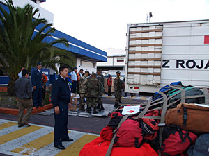 Ecuadorian army personnel use an Ecuadorian Air Force jet to help in Haiti relief efforts.