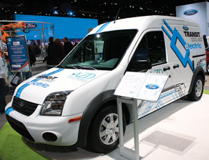 Ford’s all-electric work van in Chicago. It promises a top speed of 75 mph and 80-mi range in part due to its li-ion battery pack.