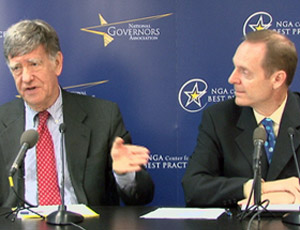 NGA's Scheppach (left) and budget officers' Pattison discuss states dire fiscal picture. 