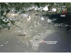 Tropical storms are a wild-card factor in predicting the behavior of the oil still gushing from the site of a deeptwater-well blowout in the Gulf of Mexico, shown here in a satellite view taken on June 26.